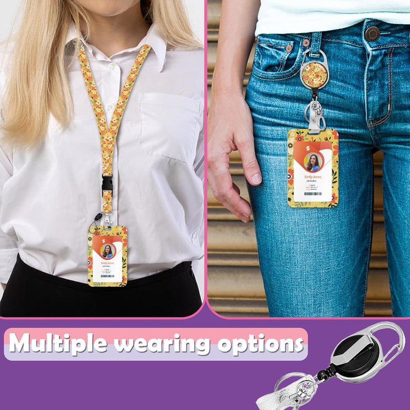 Boutilon ID Badge Holder with Lanyard,Retractable ID Badge Card Holders Detachable Neck Lanyard Strap with Badge Reel and Vertical ID Holder for Nurse Students Teachers Office Staff(Flower Yellow) - Image 2